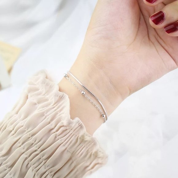 14k Gold Double Layer Beads Chain Bracelet/Anklet Sterling Silver - Picture 6 of 10